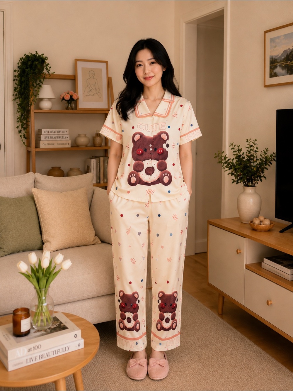 Cream Bear Print Short-Sleeve Pajama Set by